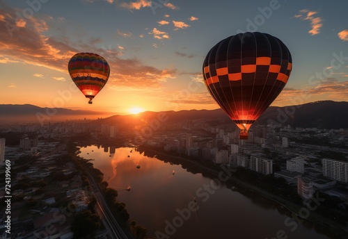 Aerial View of Hot Air Balloons Flying Over River