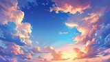 Sky sunset anime background with clouds, that dance across the horizon, creating a breathtaking and serene backdrop. Cartoon vector cumulonimbus cloudscape, heaven, nature peaceful dusk landscape