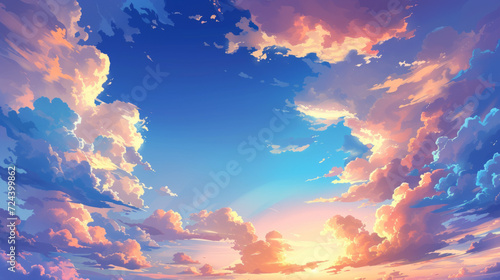 Sky sunset anime background with clouds, that dance across the horizon, creating a breathtaking and serene backdrop. Cartoon vector cumulonimbus cloudscape, heaven, nature peaceful dusk landscape photo