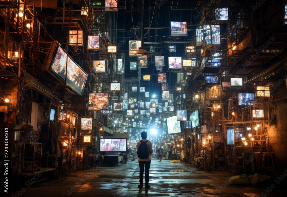 Figure Amid TV Screens in Dim Alley