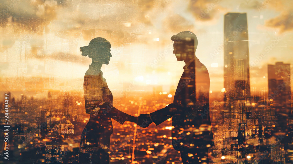 Business Meeting, Two People Shaking Hands in Front of Cityscape. Silhouettes of people. Love in the modern world. Business relations. Business Meeting, Two People Shaking Hands in Front of Cityscape. Silhouettes of people. Love in the modern world. Business relations.