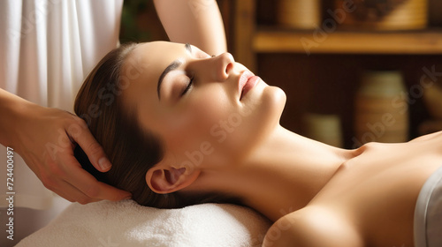 a woman with her eyes closed receives a facial massage while lying on a massage table  the masseur s hands work on massaging the woman s neck and chin. Rejuvenating contour facial massage