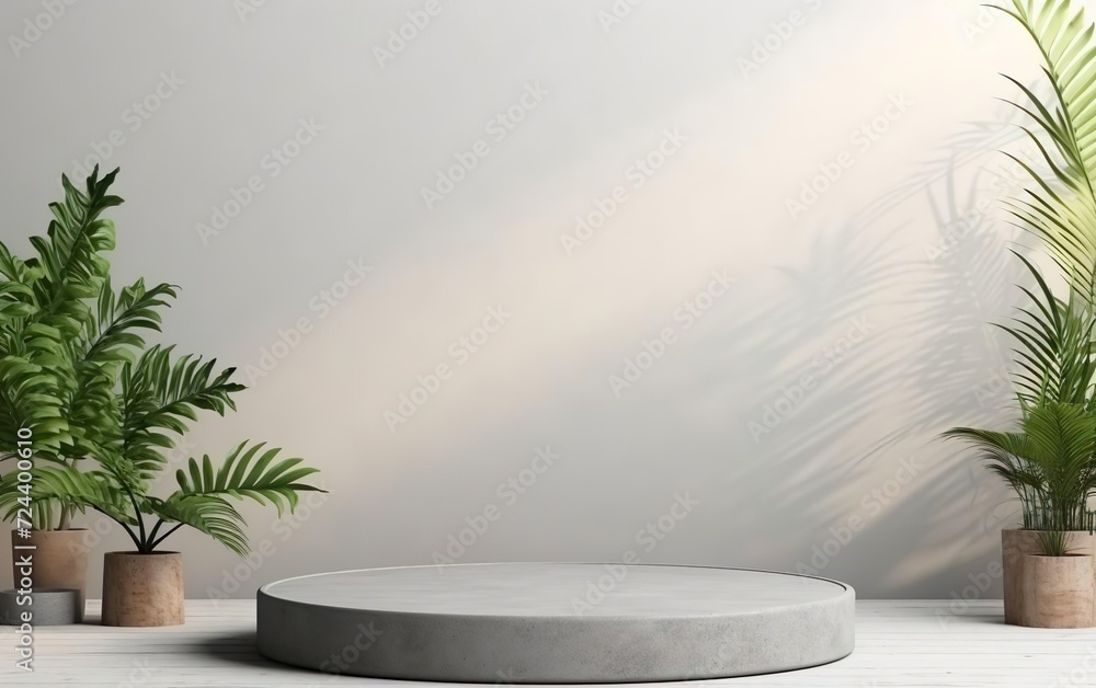 Obraz premium Plants on grey background. Landscape layout 3d rendering empty mockup scene of concrete texture podium for product template. Natural beauty, eco friendly, sustainable concept. AI Generative.
