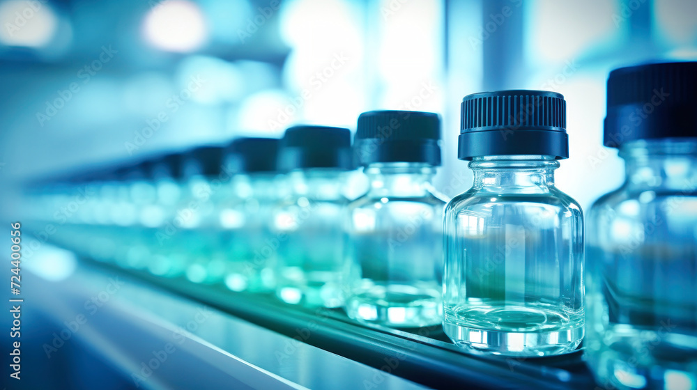 Row of Water Bottles on Shelf for the Pharmacology Industry. Bottles with medicines on the conveyor. Selective focus. Close-up. Row of Water Bottles on Shelf for the Pharmacology Industry. Bottles with medicines on the conveyor. Selective focus. Close-up.