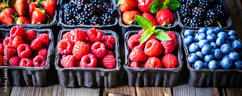 Table With Trays of Berries and Strawberries - Fresh and Colorful Farmers Market Delights