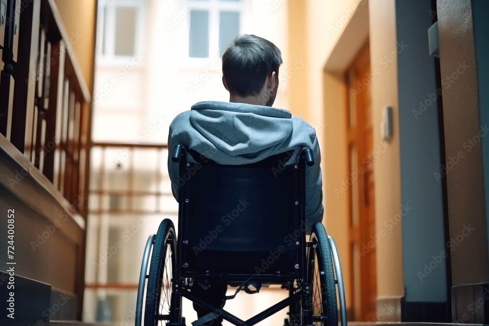 Man in Wheelchair Observing Cityscape From Building Man in Wheelchair Observing Cityscape From Building