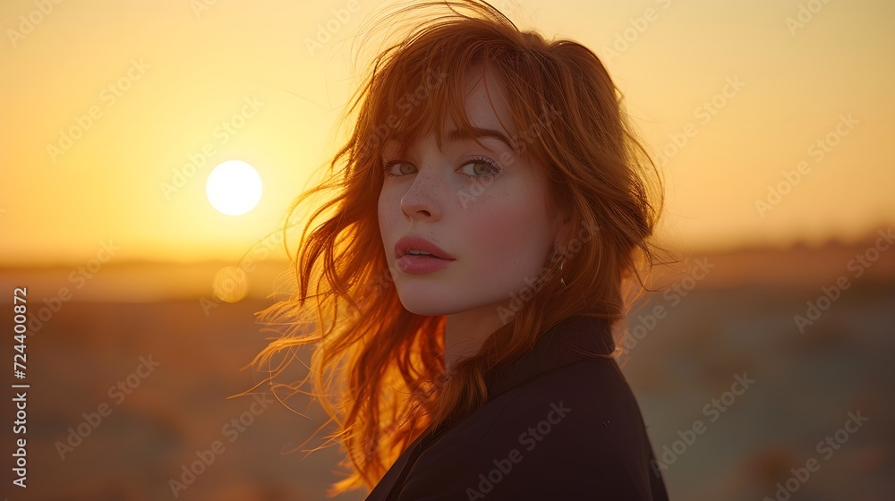 beautiful red head female model on golden sunset background