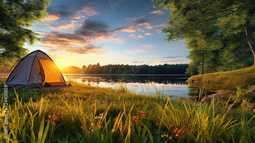 Tent Set Up on Grass Near Lake, Tranquil Camping in Natural Environment. Hiking and outdoor recreation.