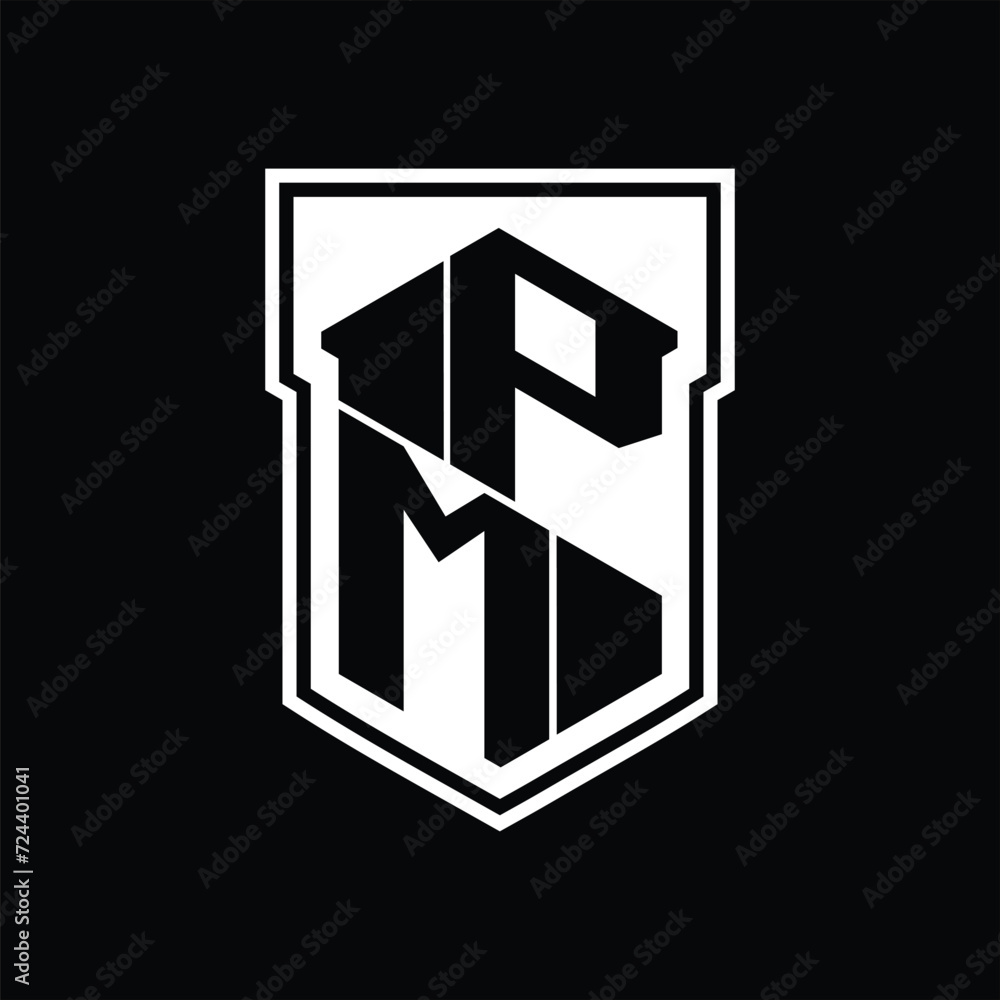PM Logo monogram hexagon geometric up and down inside shield isolated style design template PM Logo monogram hexagon geometric up and down inside shield isolated style design template