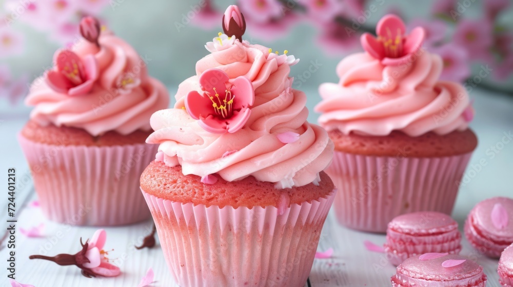 Cupcakes with pink frosting and cherry blossom topping, sakura-inspired dessert for a hanami party