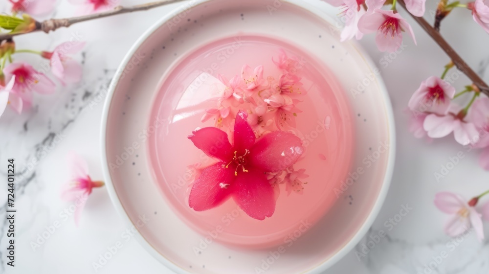 Sakura jelly - a pink agar-agar jelly dome, infused with sakura petal extract for flavor and fragrance, sakura-inspired dessert. Sakura jelly - a pink agar-agar jelly dome, infused with sakura petal extract for flavor and fragrance, sakura-inspired dessert.