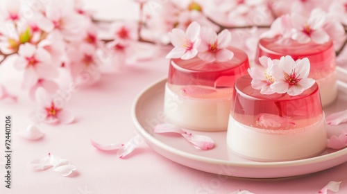 Sakura Blancmange - two-layered sakura jelly and sakura-flavored blancmange dessert, sweet Japanese treat