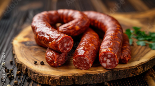 Sausages on Wooden Cutting Board - Smoked, Homemade, Farm-Fresh Inspected Meat