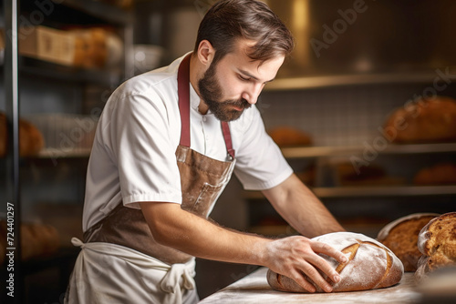Male Baker at Work in Home Bakery, Surrounded by Fresh Bread