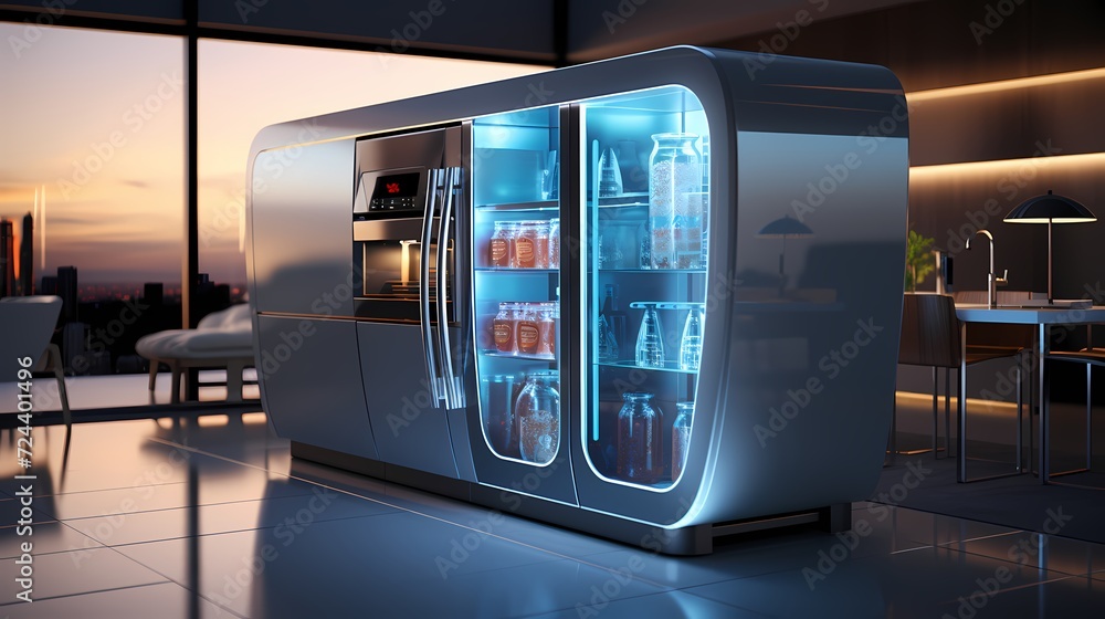 A futuristic smart fridge on a solid white mockup background.