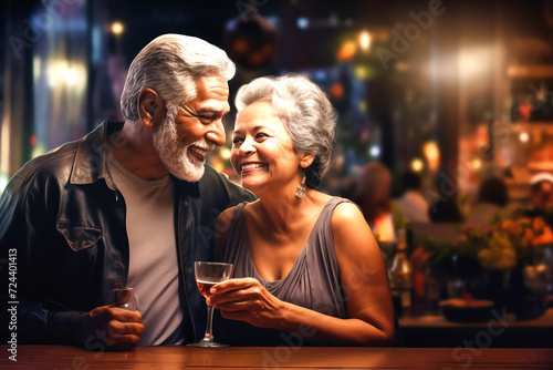 Elderly Couple Enjoying Wine Together at Restaurant Table