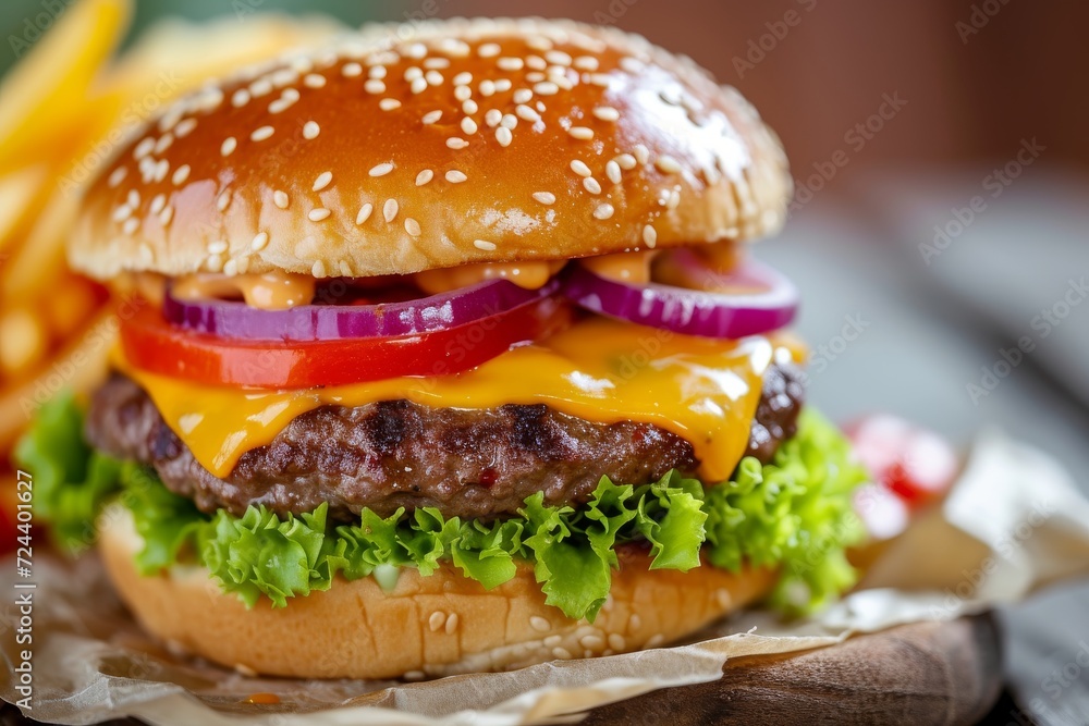 Cheeseburger with lettuce, tomato, and onion Cheeseburger with lettuce, tomato, and onion