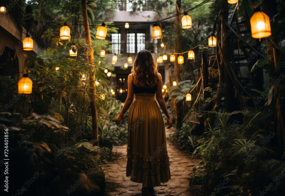 Obraz premium Woman in Yellow Dress Walking Through Forest