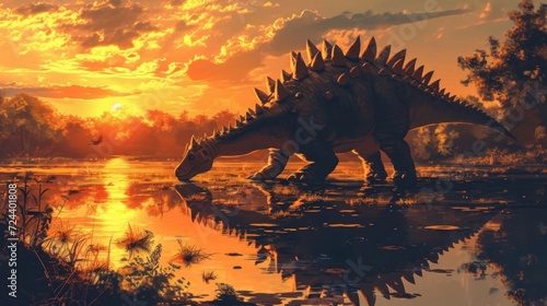 A mive Stegosaurus with its iconic spiked plates trudging through the muddy banks of a tranquil river as the vibrant sunset colors reflect off its armored body. © Justlight
