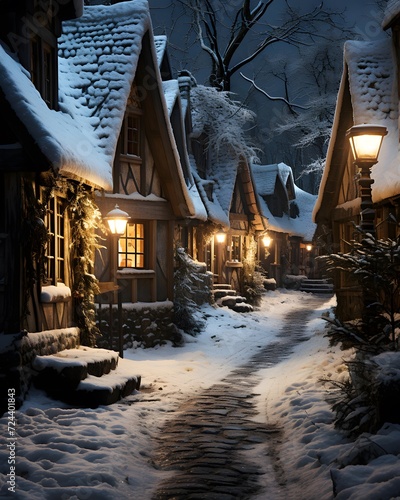 Winter night in a small village with houses and lanterns in the snow