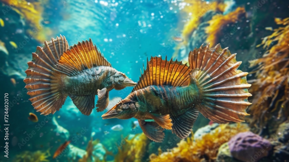 A duo of Dimetrodon swimming side by side in the ocean their fins