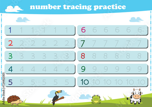 Writing practice for kindgarten kids. Number tracing worksheet with wildlife animals. Vector illustration