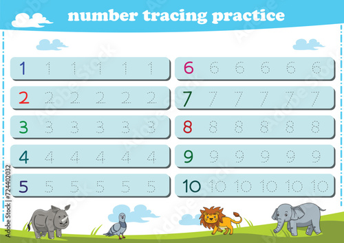 Writing practice for kindgarten kids. Number tracing worksheet with wildlife animals. Vector illustration