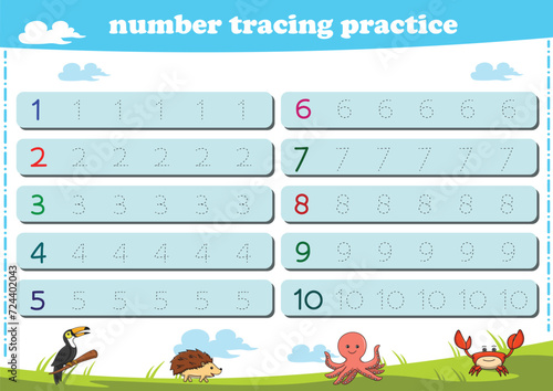 Writing practice for kindgarten kids. Number tracing worksheet with wildlife animals. Vector illustration