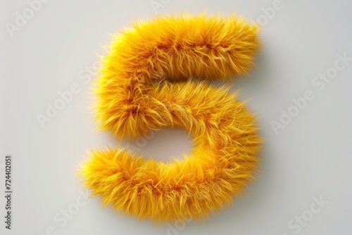 Cute yellow number 5 or five as fur shape  short hair  white background  3D illusion  storybook style
