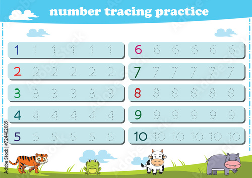 Writing practice for kindgarten kids. Number tracing worksheet with wildlife animals. Vector illustration