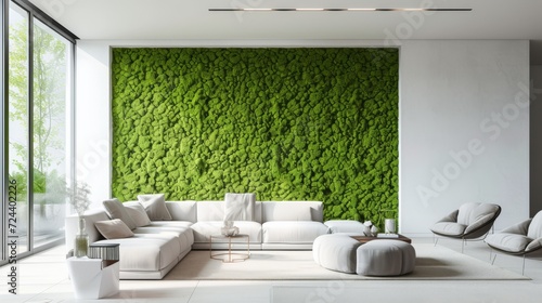 Modern living room with lush green moss wall art, grey furniture, and floor-to-ceiling windows with a nature view, eco friendly interior photo