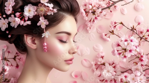 A graceful Japanese woman with a traditional hairstyle adorned with blooming sakura cherry blossoms. © mashimara