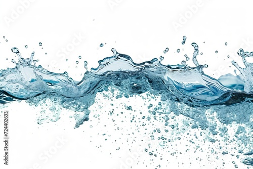 Blue water swirl splash with little bubbles on clear isolated white background  liquid flowing in form of wave