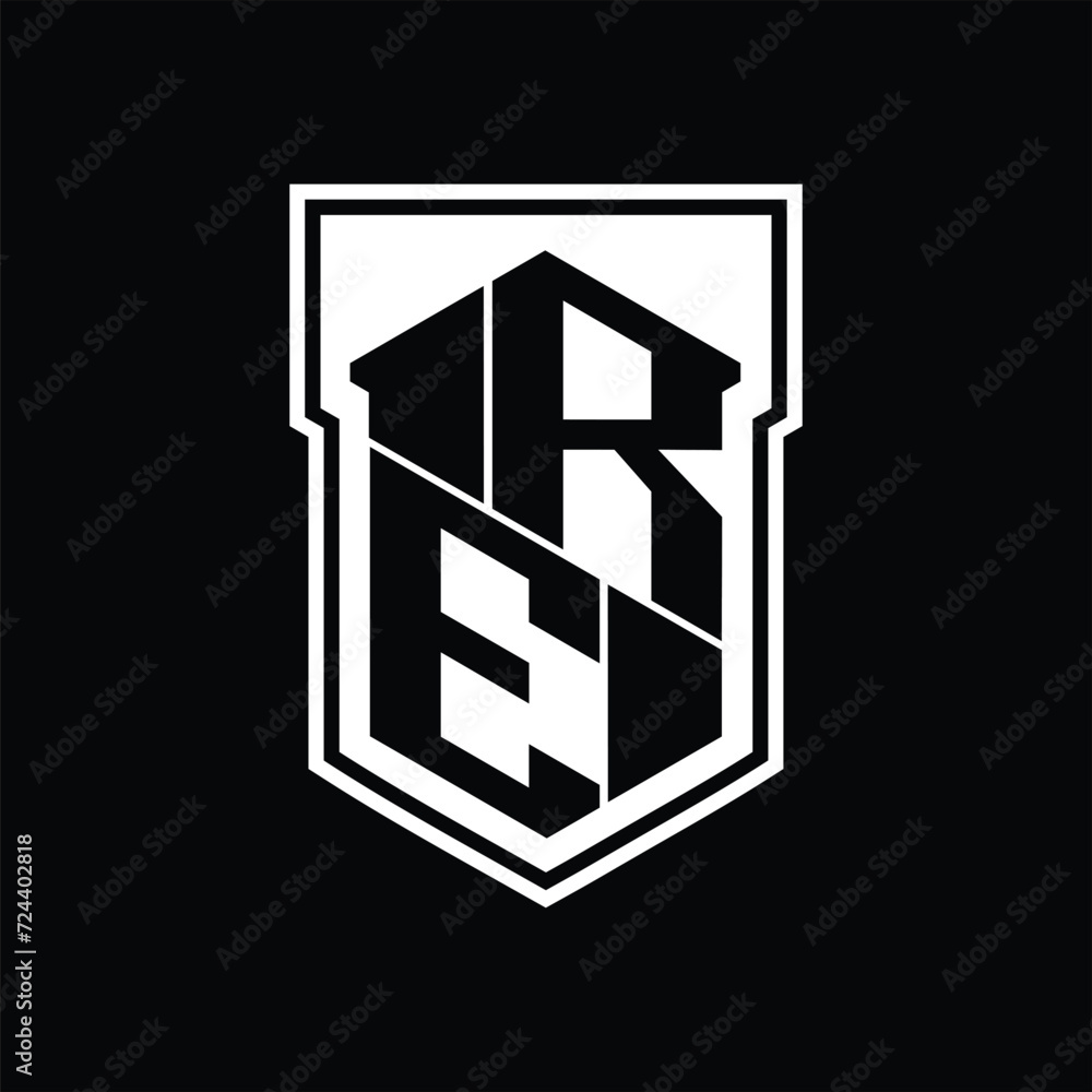 RE Logo monogram hexagon geometric up and down inside shield isolated style design template RE Logo monogram hexagon geometric up and down inside shield isolated style design template