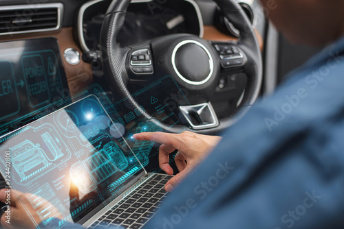 Person interacting with advanced holographic car interface while driving, showcasing modern vehicle technology..