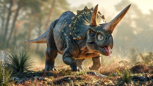 A magnificent triceratops stoops low to the ground tongue lapping up the cold dew that covers the morning gr.