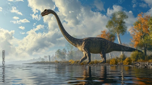 A mive Diplodocus stretches its long body along the lagoon basking in the warm sun. © Justlight