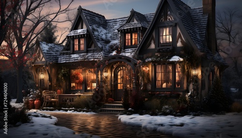 Winter cottage in the village at night, panoramic image.