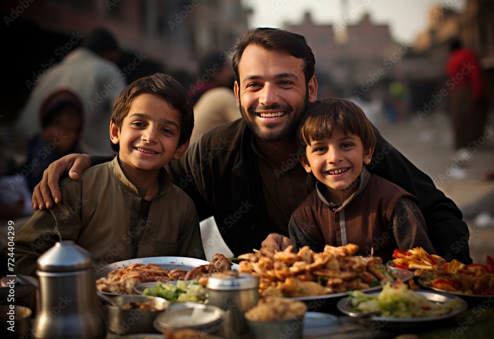Man and Two Children Enjoying a Meal Together