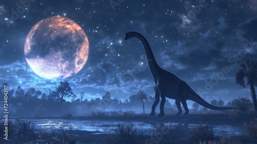 A lone Brachiosaurus raises its head to admire the glowing moon its immense size casting a shadow over the gry meadow. photo