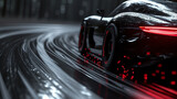 Racing sports car on neon highway. Powerful acceleration of a supercar on a night track with colorful lights and tracks. Blur at high speed. The light trail from the headlights.