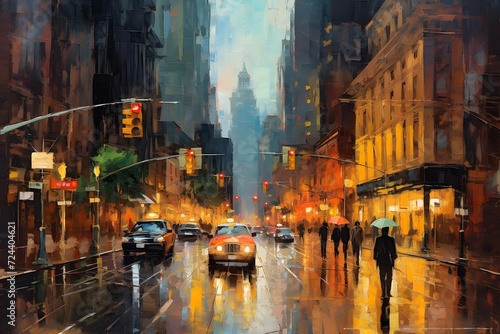 Digital painting of a street in New York City at night, USA