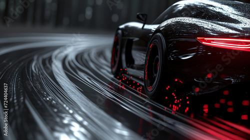 Racing sports car on neon highway. Powerful acceleration of a supercar on a night track with colorful lights and tracks. Blur at high speed. The light trail from the headlights. photo