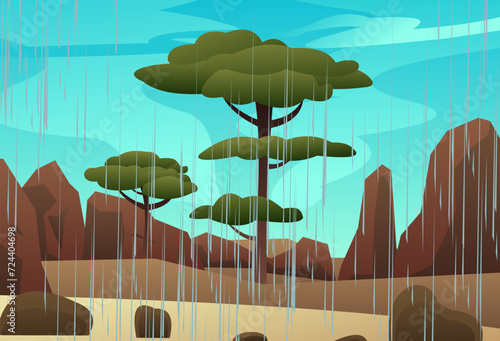 Summer rain in rocks desert. Landscape with rain weather. Jets of water pour from the sky. Cartoon fun style. Flat design. Vector.
