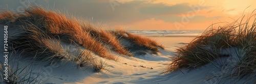 Coastal Sunset Over Dune Grasses, Generative AI
