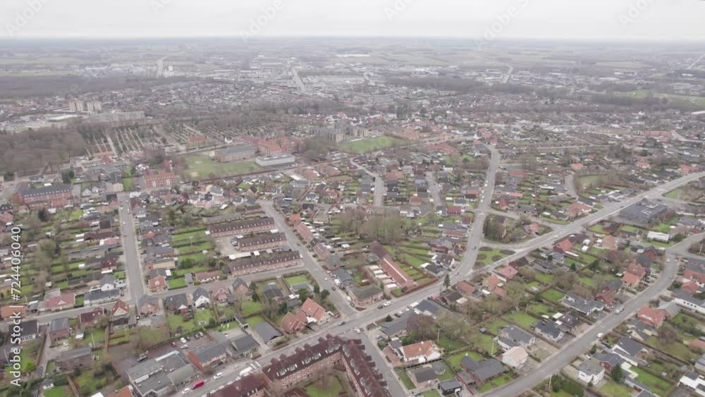Panoramic Aerial View Of Herning City In Denmark Seen From Above on Overcast Day - Pan Left Panoramic Aerial View Of Herning City In Denmark Seen From Above on Overcast Day - Pan Left