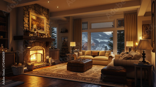 Beautiful house interior design cabin house country side living room with fireplace natural material and luxury furniture warm and cozy mood and tone interior house design showcase background.