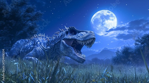 A mive Carnotaurus rests in the moonlit meadow its sharp teeth gleaming in the gentle light. photo