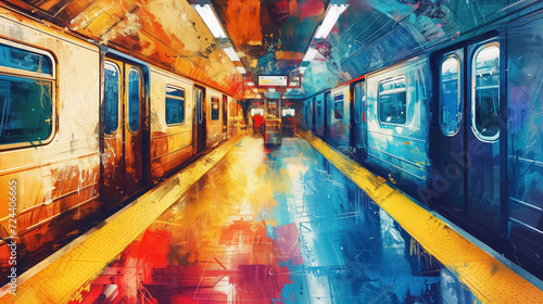 Abstract colorful subway station painting.