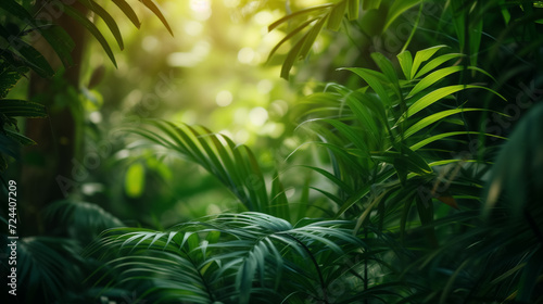 Lush green tropical foliage in soft sunlight.